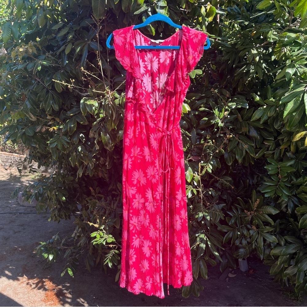 MIRAE PARIS jade pink sheer gauze floral ruffle short sleeve midi wrap dress